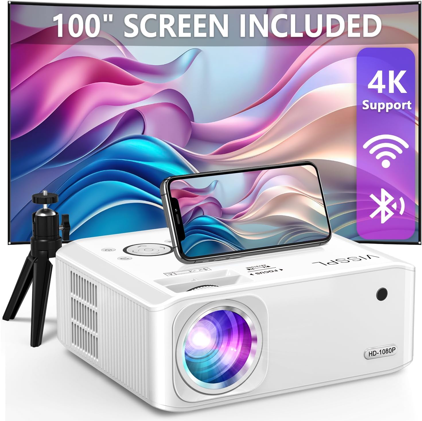 [6D4P4K] Projector with WiFi and Bluetooth, VISSPL 4K Supported Video Projector, Electric Keystone, Home Theater Movie Phone Projector Compatible with AndroidiOSWindowsTV StickHDMIUSB