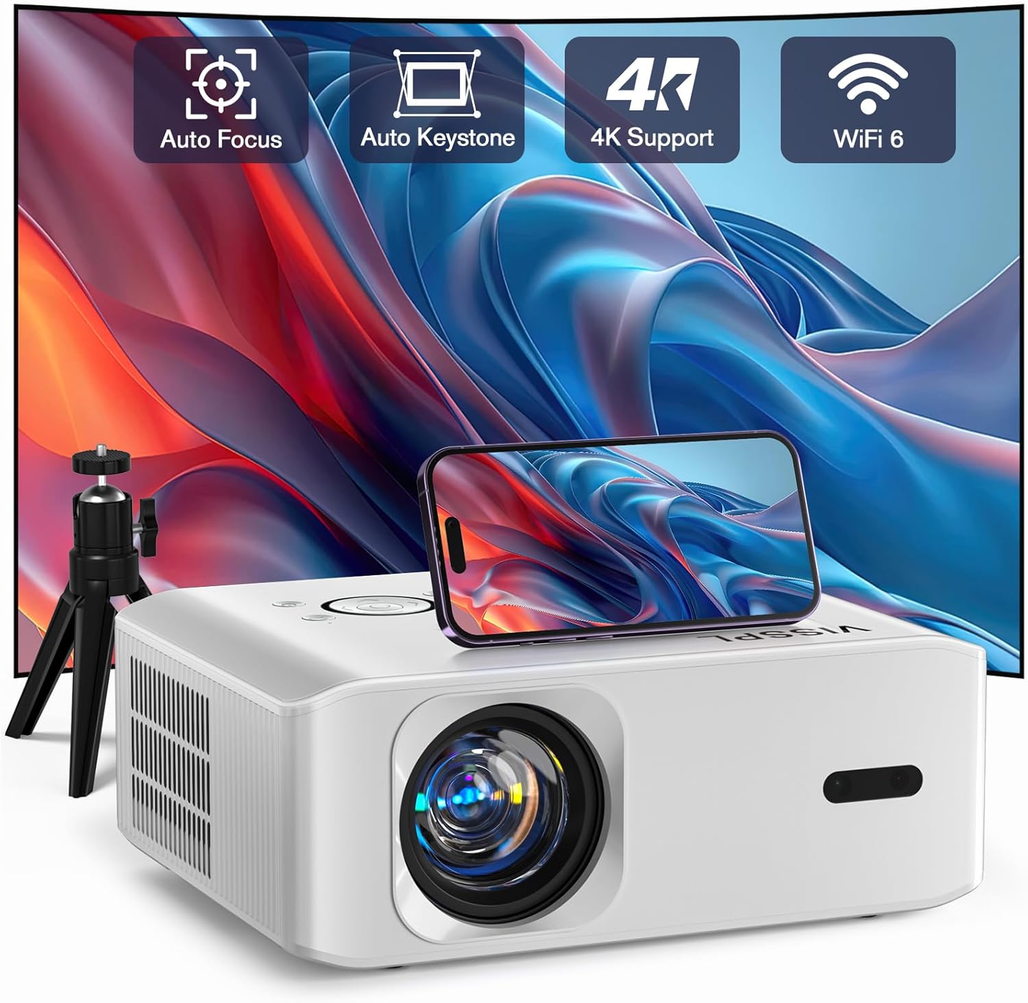 Mini Projector with WiFi and Bluetooth, VISSPL Full HD 1080P Projector, Portable Outdoor Projector with Tripod, Home Theater Movie Phone Projector Compatible with AndroidiOSWindowsTV StickHDMIUSB